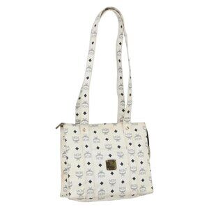 Authentic MCM Vicetos Logogram Shoulder Bag PVC Leather White Gold